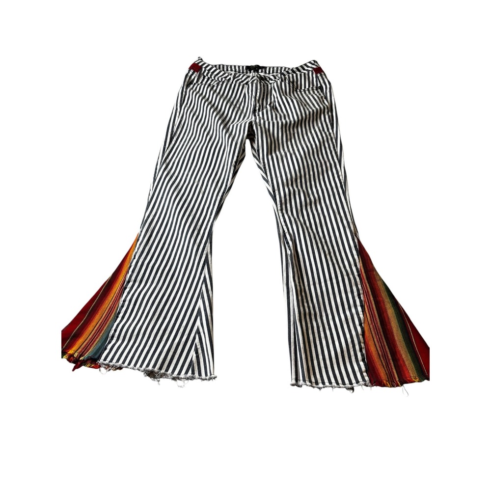 L&B Lucky & Blessed Serape Stripe Flare Jeans Black White Western Boho 16 READ